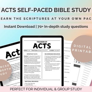 Puede incluir: Guía de estudio bíblico digital e imprimible para el libro de los Hechos. La guía incluye preguntas de estudio en profundidad y está diseñada para el aprendizaje a su propio ritmo. La imagen muestra una tableta y páginas impresas.
