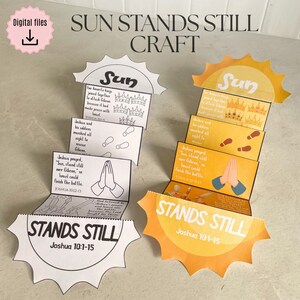 May include: Two accordion-style paper crafts titled Sun Stands Still, one in black and white and one in yellow and orange. Each features illustrations of crowns, footprints, and praying hands with text from Joshua 10:1-15. A digital files icon is visible.