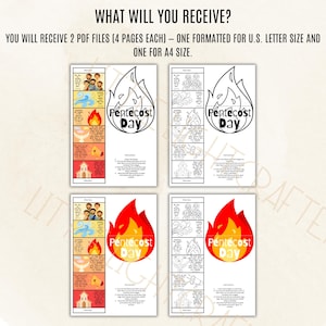 May include: Four printable Pentecost Day activity sheets. Each sheet features a flame graphic with the words "Pentecost Day". The sheets include illustrations and instructions for coloring and activities.
