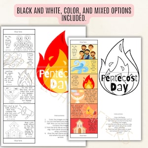 May include: A Pentecost Day craft kit with black and white, and color options. The kit includes images of flames, people, and text from Acts. Instructions are included for assembly.