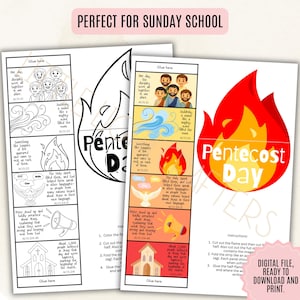 May include: Printable Pentecost Day activity sheets. The sheets feature illustrated Bible stories with text, including images of disciples, flames, and a church. The text includes the words "Pentecost Day" and instructions. Digital file ready to download and print.