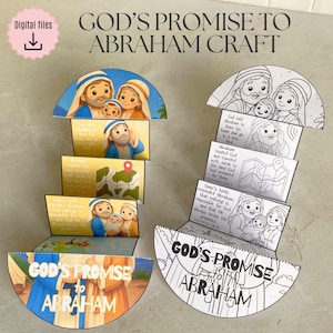 May include: Colorful and black and white paper craft titled "GOD'S PROMISE TO ABRAHAM CRAFT". The craft features illustrations of biblical figures and text from Genesis. The craft is designed as a digital file.