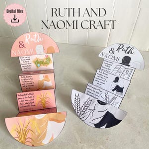 Puede incluir: Dos manualidades de papel con el texto "RUTH AND NAOMI CRAFT". Una es en color, la otra en blanco y negro. Cada manualidad tiene una parte superior semicircular con los nombres "Ruth & Naomi". La manualidad en color tiene ilustraciones y texto bíblico.
