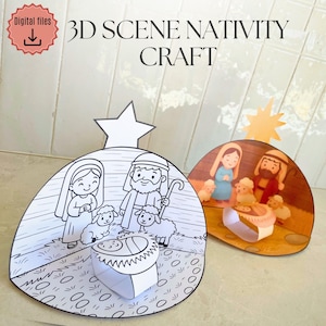 Può includere: Due scene di presepe 3D di carta. Una è un contorno in bianco e nero, l'altra è colorata. Il testo "3D SCENE NATIVITY CRAFT" è nella parte superiore dell'immagine. L'immagine include anche un'icona di download.