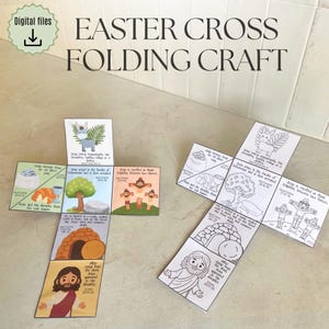 May include: A folded paper Easter cross craft with illustrations depicting scenes from the Bible. The craft includes images of Jesus, the Last Supper, and the crucifixion. Text includes "Easter Cross Folding Craft" and Bible verses.
