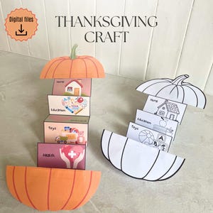 May include: A paper pumpkin Thanksgiving craft with sections labelled "Home", "Education", "Toys", and "Health". The image includes a digital files icon and the text "THANKSGIVING CRAFT".