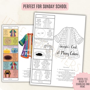 May include: A digital file for Sunday School featuring a coloring activity with the text "Joseph's Coat of Many Colors." The image includes instructions and illustrations of Joseph's story, ready to download and print.