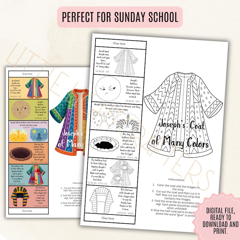 May include: A digital file for Sunday School featuring a coloring activity with the text "Joseph's Coat of Many Colors." The image includes instructions and illustrations of Joseph's story, ready to download and print.