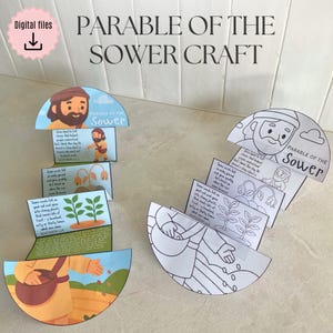 Puede incluir: Un proyecto de manualidades que presenta la parábola del sembrador. La manualidad de papel plegado incluye ilustraciones de un agricultor sembrando semillas, plantas y texto de Mateo 13:1-23. Las palabras "Parable of the Sower Craft" están en la parte superior.