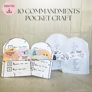 May include: A craft kit featuring the 10 Commandments. The kit includes tombstone-shaped holders and circular cards with the commandments. The text "10 COMMANDMENTS POCKET CRAFT" is displayed at the top, with "Digital files" in a pink circle.