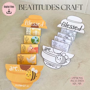 Könnte beinhalten: Bastelset mit dem Text "BEATITUDES CRAFT" und "Blessed" auf einem gelb-weißen Design. Das Set enthält illustrierte Tafeln mit Text aus Matthäus 5:3-10, mit einer Biene und einer Taube. Digitale Dateien sind enthalten.