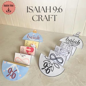 Puede incluir: Un proyecto de manualidades con adornos de papel con el texto "Isaías 9:6" e ilustraciones. Los adornos son de varias formas y colores, incluyendo azul, blanco y rosa. Las palabras "Archivos digitales" están en la esquina superior izquierda.