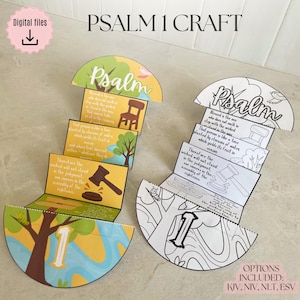 May include: Two Psalm 1 craft projects, one in full color and one in black and white. Each accordion-style paper craft features the text of Psalm 1, illustrations of a chair, tree, and gavel, and a large number one. The text includes KJV, NIV, NLT, ESV.