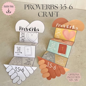May include: Two paper crafts with the text "Proverbs 3:5-6 Craft". One is black and white, the other is in shades of orange, pink, and green. The crafts have a heart, a cross, and the words "Trust in the Lord with all your heart."