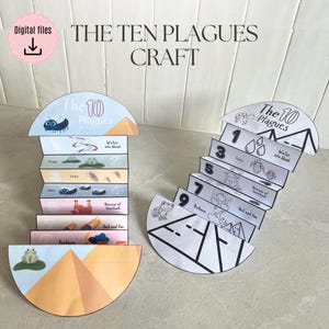 Puede incluir: Un proyecto de manualidades con dos modelos de papel de las Diez Plagas. Cada modelo es un diseño escalonado con ilustraciones y texto. Los modelos incluyen imágenes de ranas, moscas y otras plagas, con etiquetas de texto.