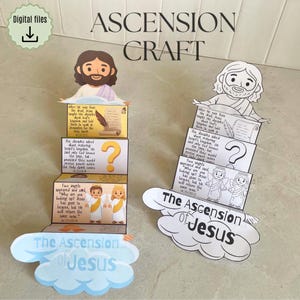 Könnte beinhalten: Ein Papierbastelprojekt mit dem Titel "Ascension Craft" mit Illustrationen von Jesus und Engeln. Das Bastelprojekt enthält Text aus der Bibel und den Satz "The Ascension of Jesus" auf einem wolkenförmigen Ausschnitt. Das Bastelprojekt ist eine digitale Datei.
