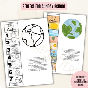 Puede incluir: Hojas de actividades imprimibles para la escuela dominical que representan los d&iacute;as de la creaci&oacute;n. Incluye ilustraciones del sol, las nubes, los &aacute;rboles, la luna, las estrellas, los p&aacute;jaros, los peces y las personas, con instrucciones.