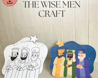 May include: A craft kit featuring three wise men. One version is a black and white outline, and the other is a colorful illustration with gold, green, and purple robes. The text "THE WISE MEN CRAFT" is displayed.