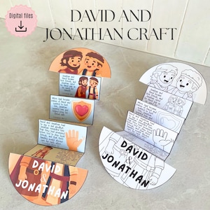 Manualidad de David y Jonathan con sorpresa plegable, historia de amistad para niños, actividad bíblica imprimible, escuela dominical, EBV, educación en casa, minilibro