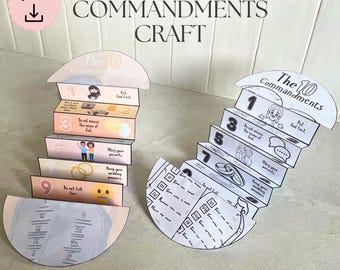 May include: A craft project featuring a paper model of the Ten Commandments. The model is white with colorful illustrations and text. The text includes "The Ten Commandments Craft" and the phrase "Digital files".