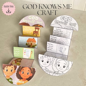 May include: Two accordion-style paper crafts titled God Knows Me. One is in full color, the other is a black and white outline for coloring. Both feature illustrations of a chair, a house, a checklist, and children with the text Psalm 139:1-6.