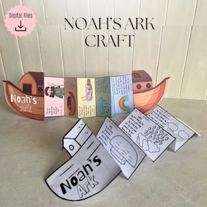 Puede incluir: Una manualidad de papel del Arca de Noé con ilustraciones y texto. El arca es marrón con una cabaña, y se muestra el texto "Noah's Ark Craft". La manualidad incluye imágenes de personas, animales y un arcoíris.