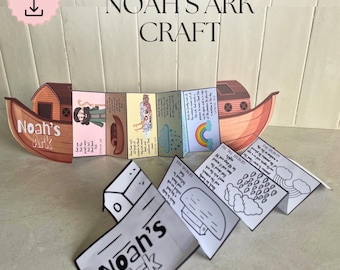 May include: A paper craft of Noah's Ark with illustrations and text. The ark is brown with a cabin, and the text "Noah's Ark Craft" is displayed. The craft includes images of people, animals, and a rainbow.