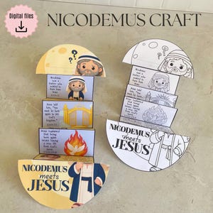 May include: A Nicodemus craft kit with illustrations and text. The kit features a pop-up design with images of Nicodemus, Jesus, and related biblical scenes. The text includes quotes from John 3:1, John 3:3, and John 3:5-8. The words "NICODEMUS CRAFT" and "NICODEMUS meets JESUS" are also visible.