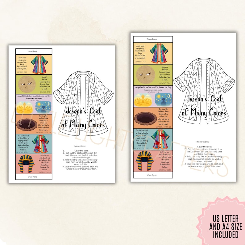 May include: Two printable sheets with the text "Joseph's Coat of Many Colors". One sheet features a coat outline and instructions. The other sheet has illustrated panels with text. Includes US Letter and A4 size.