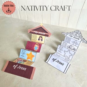 May include: A colourful Nativity Craft with the text "Nativity Craft" and "Digital files". The craft features illustrations of the birth of Jesus, including a star, baby Jesus, and the text "of Jesus".