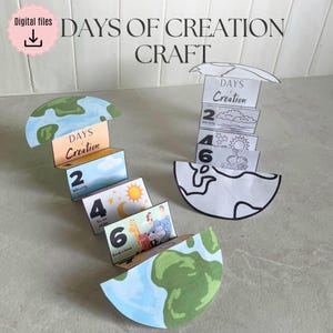 Peut inclure: Un projet de bricolage en papier représentant la Terre, avec le texte "DAYS OF CREATION CRAFT". Le modèle se déplie pour révéler des jours numérotés avec des illustrations du ciel, du soleil, de la lune et des animaux. Les mots "Digital files" sont également visibles.