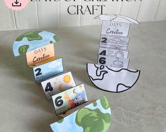 May include: A craft project featuring a paper model of the Earth with the text "DAYS OF CREATION CRAFT." The model unfolds to reveal numbered days with illustrations of the sky, sun, moon, and animals. The words "Digital files" are also visible.