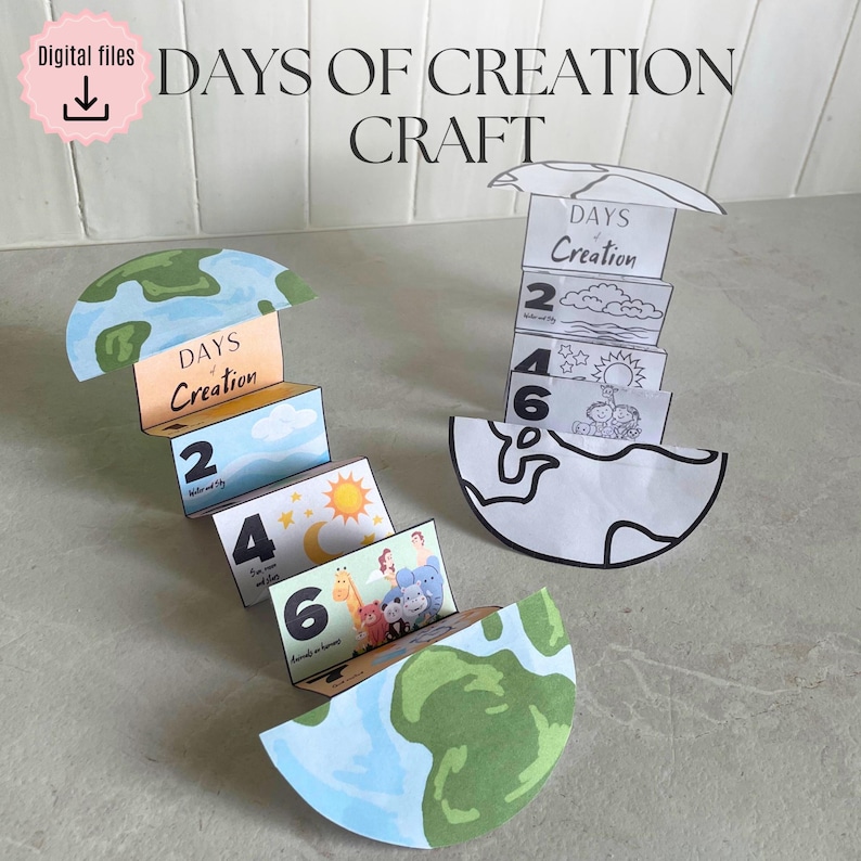 Puede incluir: Un proyecto de manualidades con un modelo de papel de la Tierra con el texto "DAYS OF CREATION CRAFT". El modelo se despliega para revelar d&iacute;as numerados con ilustraciones del cielo, el sol, la luna y animales. Tambi&eacute;n se ven las palabras "Digital files".