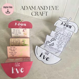 Puede incluir: Dos manualidades de papel, una roja y otra blanca, con las palabras "Adán" y "Eva". La manualidad roja tiene forma de manzana y tiene texto sobre Adán y Eva. La manualidad blanca también tiene forma de manzana y tiene ilustraciones y texto sobre la historia de Adán y Eva.