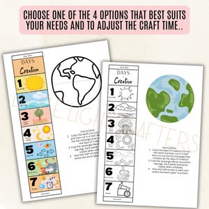 Puede incluir: Dos hojas de manualidades imprimibles con el texto "DAYS of Creation" e ilustraciones numeradas. Una hoja tiene un contorno de la tierra en blanco y negro, la otra tiene una tierra verde y azul. Se incluyen instrucciones.