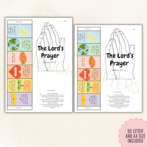 May include: Two printable templates of "The Lord's Prayer" from Matthew 6:9-13, featuring illustrated panels with text and images. The design includes praying hands and instructions for assembly. The templates are available in US Letter and A4 sizes.
