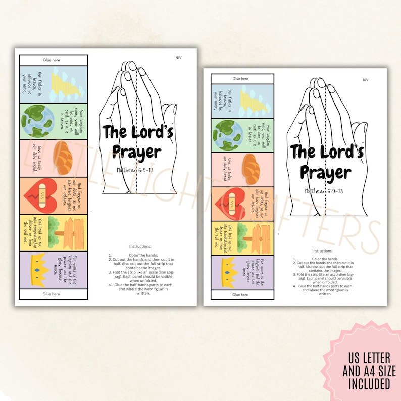 May include: Two printable templates of "The Lord's Prayer" from Matthew 6:9-13, featuring illustrated panels with text and images. The design includes praying hands and instructions for assembly. The templates are available in US Letter and A4 sizes.