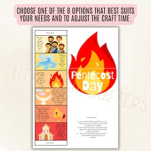 May include: A colorful Pentecost Day craft project with illustrated panels depicting biblical scenes. The image includes instructions and the text "Choose one of the 8 options that best suits your needs and to adjust the craft time."