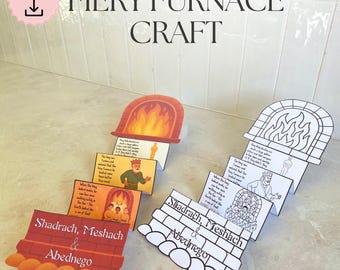 May include: A craft project with the text "FIERY FURNACE CRAFT" and "Digital files" in a pink circle. The project includes paper cutouts of a furnace, flames, and the names "Shadrach, Meshach & Abednego".
