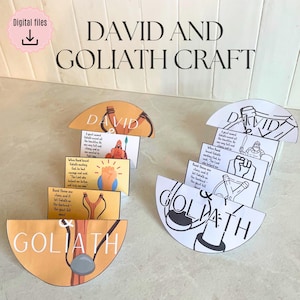 May include: A craft kit with the text "David and Goliath Craft." The kit includes illustrated, semi-circular cards with text and images depicting the biblical story. The cards are in shades of orange, yellow, and white, with black line drawings.