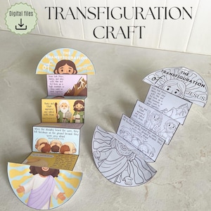 May include: A colorful craft project titled "Transfiguration Craft" featuring illustrations of Jesus and biblical scenes. The project includes text from Matthew 17. The craft is designed as a series of folding panels.