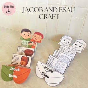 Puede incluir: Un proyecto de manualidades colorido que presenta la historia de Jacob y Esaú. La imagen muestra una serie de recortes de papel ilustrados, que incluyen representaciones de los personajes, un cuenco de guiso y una mochila. El texto en los recortes narra la historia. Las palabras "Jacob and Esau Craft" están en la parte superior.