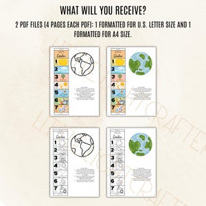 Puede incluir: Cuatro p&aacute;ginas PDF imprimibles con ilustraciones de los d&iacute;as de la creaci&oacute;n. Cada p&aacute;gina presenta una lista numerada con im&aacute;genes del sol, la tierra y otros elementos. El texto en la parte superior dice "WHAT WILL YOU RECEIVE?" y "2 PDF FILES".