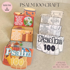 May include: A Psalm 100 craft kit featuring two accordion-style paper projects. One is a full-color version and the other is a black-and-white outline version for coloring. Both display musical instruments, the text of Psalm 100, and illustrations.