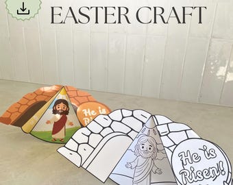 May include: Easter craft printable featuring a cartoon illustration of Jesus. One is colored, the other is a black and white outline. The text "He is Risen!" is included. The words "Digital files" and "Easter Craft" are also visible.