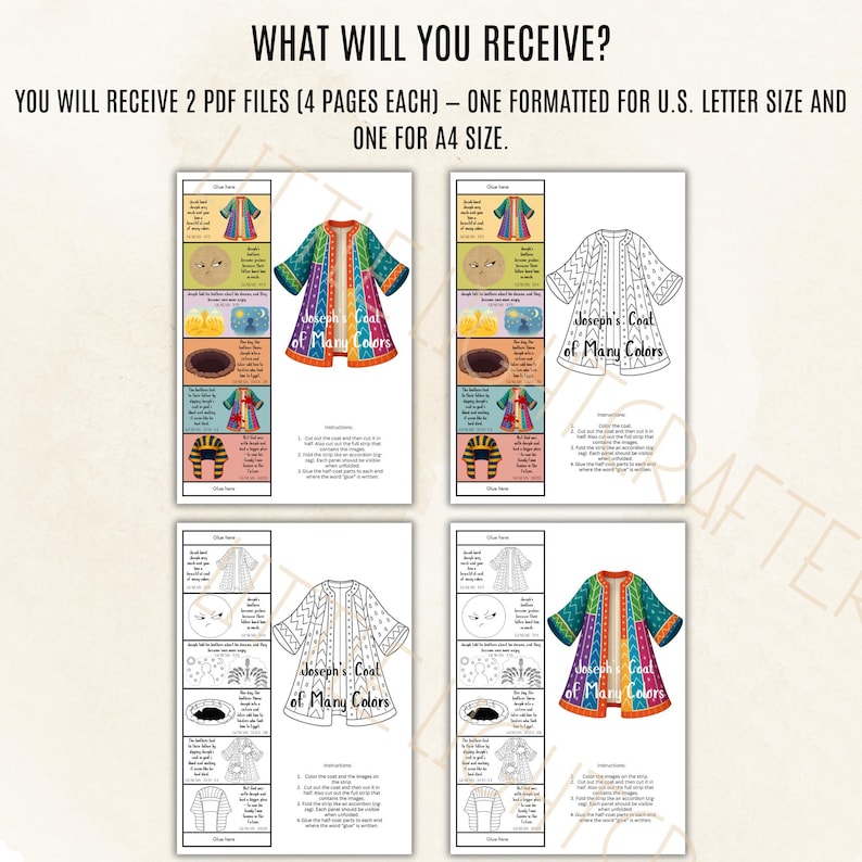 May include: Four printable PDF pages featuring colorful illustrations of Joseph's Coat of Many Colors. The pages include a colored version, a black and white version, and instructions. The text reads "What will you receive?" and "Joseph's Coat of Many Colors."