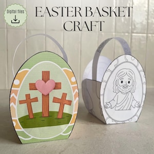May include: Two Easter basket crafts. One basket features a green egg shape with a pink heart and three brown crosses. The other basket is a line drawing of Jesus. The text "Easter Basket Craft" is at the top.