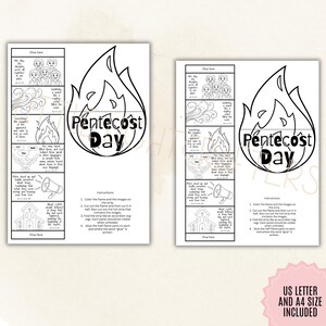 May include: Two printable Pentecost Day activity sheets. Each sheet features a large flame graphic with the words "Pentecost Day." The sheets include illustrations and instructions for coloring and assembly. The text "US Letter and A4 Size Included" is also present.