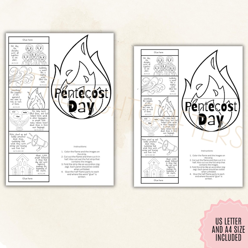 May include: Two printable Pentecost Day activity sheets. Each sheet features a large flame graphic with the words "Pentecost Day." The sheets include illustrations and instructions for coloring and assembly. The text "US Letter and A4 Size Included" is also present.