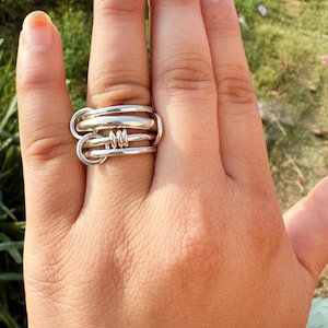 Heavy Fit Two Tone Link Connected Rings Silver Interlocking Ring Gold and Silver Statement Ring Light or Heavy Fit